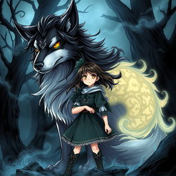 A striking dark fantasy manga illustration featuring a girl with dramatic features and flowing hair, standing confidently next to a large magical dog that exudes a sense of power and wisdom