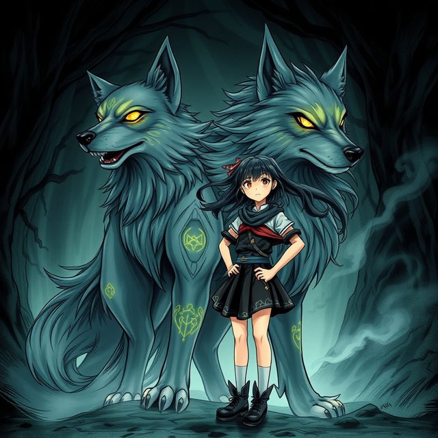 A striking dark fantasy manga illustration featuring a girl with dramatic features and flowing hair, standing confidently next to a large magical dog that exudes a sense of power and wisdom