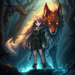 A stunning dark fantasy manga illustration featuring a girl with striking features, long flowing hair, and wearing mystical attire that reflects her connection to magic
