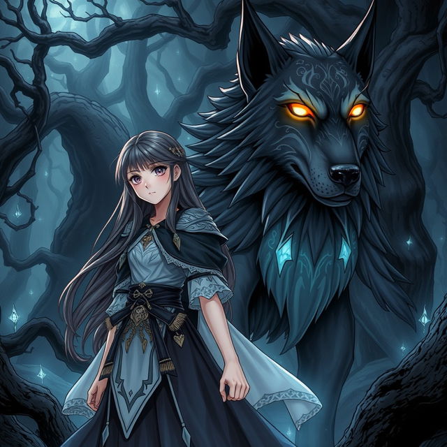 A stunning dark fantasy manga illustration featuring a girl with striking features, long flowing hair, and wearing mystical attire that reflects her connection to magic
