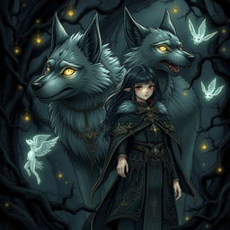 A captivating dark fantasy manga illustration featuring a girl with enchanting features, clad in intricate mystical clothing