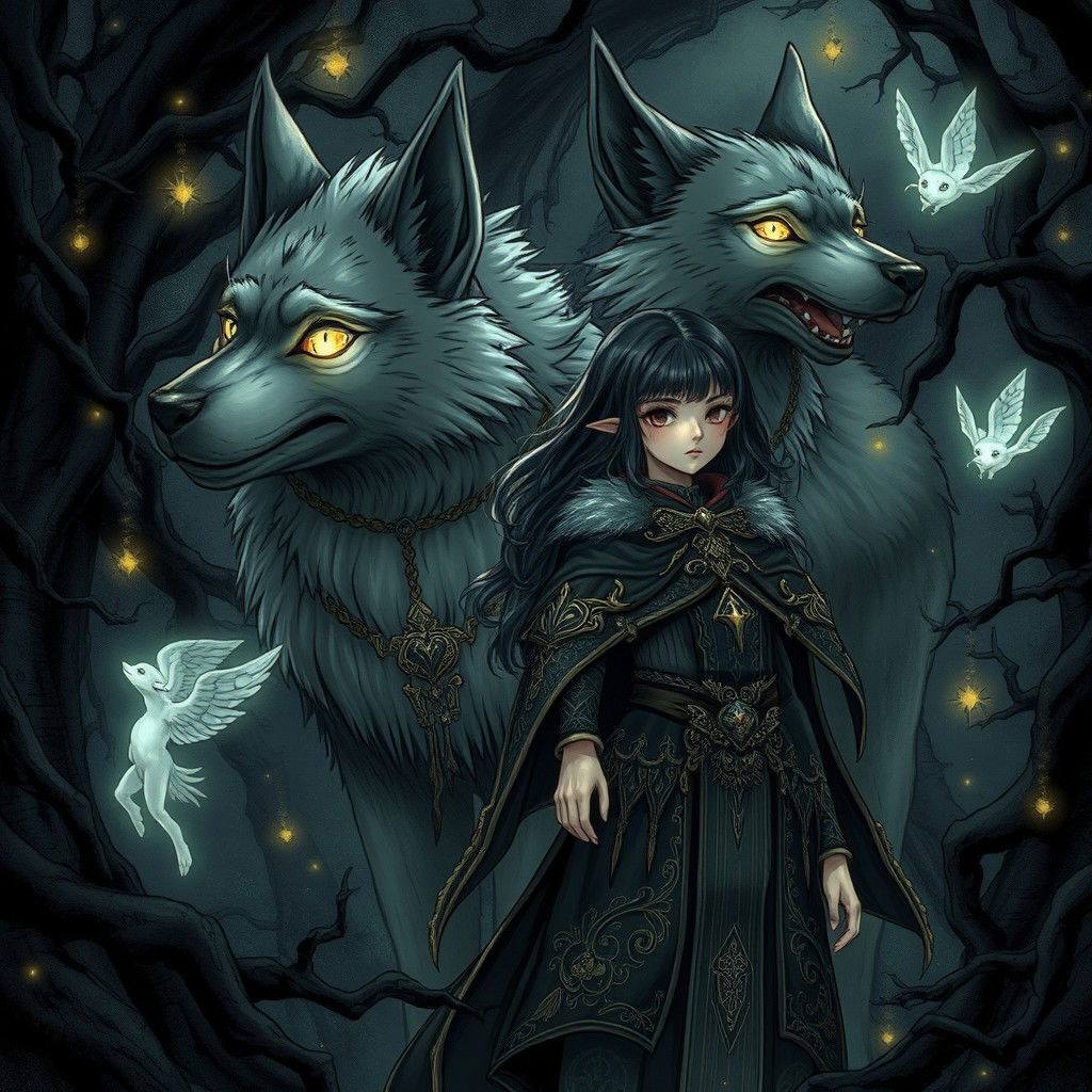 A captivating dark fantasy manga illustration featuring a girl with enchanting features, clad in intricate mystical clothing