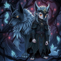 A captivating dark fantasy manga illustration featuring a girl with enchanting features, clad in intricate mystical clothing
