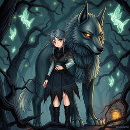 A captivating dark fantasy manga illustration featuring a girl with enchanting features, clad in intricate mystical clothing