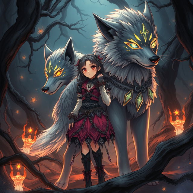 A captivating dark fantasy manga illustration featuring a girl with enchanting features, clad in intricate mystical clothing