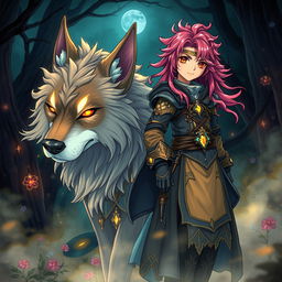 An enchanting dark fantasy manga illustration featuring a teenage girl with striking features and vibrant hair, dressed in elaborate mystical clothing that reflects her adventurous spirit