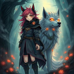 An enchanting dark fantasy manga illustration featuring a teenage girl with striking features and vibrant hair, dressed in elaborate mystical clothing that reflects her adventurous spirit