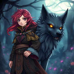 An enchanting dark fantasy manga illustration featuring a teenage girl with striking features and vibrant hair, dressed in elaborate mystical clothing that reflects her adventurous spirit