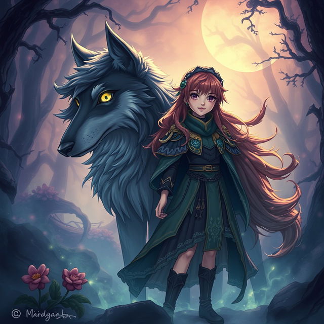 An enchanting dark fantasy manga illustration featuring a teenage girl with striking features and vibrant hair, dressed in elaborate mystical clothing that reflects her adventurous spirit