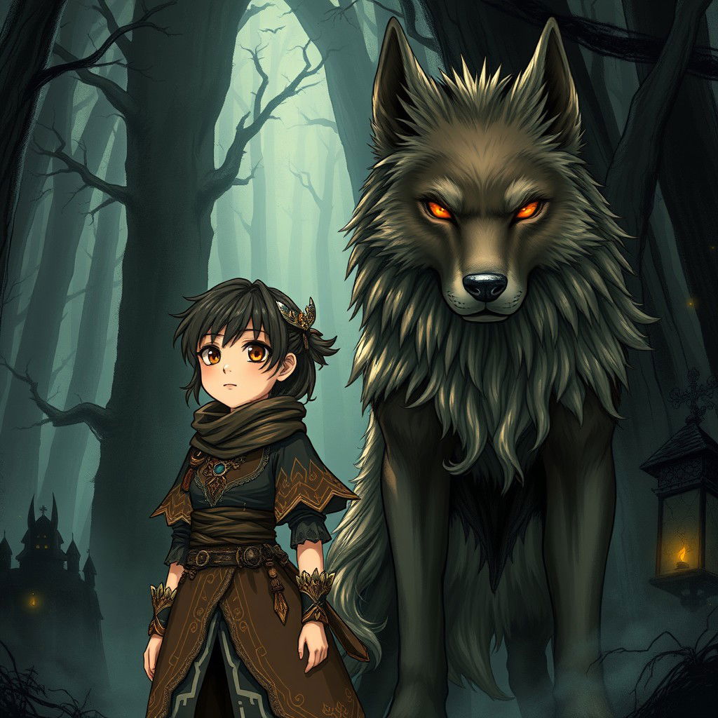 An evocative dark fantasy manga illustration featuring a teenage girl with distinctive features, styled hair, and wearing elaborate, mystical attire that evokes a sense of adventure