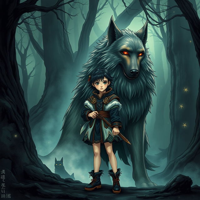 An evocative dark fantasy manga illustration featuring a teenage girl with distinctive features, styled hair, and wearing elaborate, mystical attire that evokes a sense of adventure