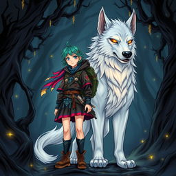 A striking dark fantasy manga illustration featuring a teenage girl with adventurous spirit, showcasing her vibrant hair and unique attire adorned with mystical symbols