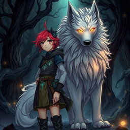 A striking dark fantasy manga illustration featuring a teenage girl with adventurous spirit, showcasing her vibrant hair and unique attire adorned with mystical symbols