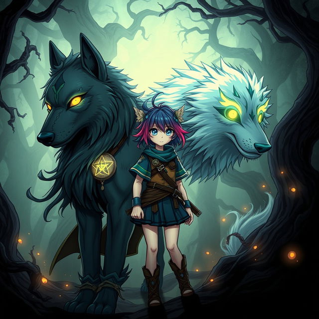 A striking dark fantasy manga illustration featuring a teenage girl with adventurous spirit, showcasing her vibrant hair and unique attire adorned with mystical symbols