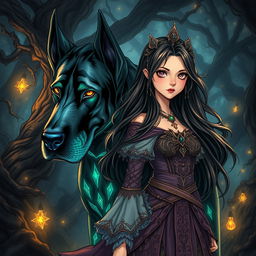 A captivating dark fantasy manga illustration featuring a teenage girl with enchanting features and long, flowing hair, dressed in intricate, mystical attire that radiates an adventurous vibe