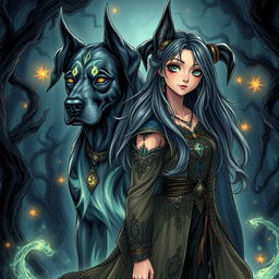 A captivating dark fantasy manga illustration featuring a teenage girl with enchanting features and long, flowing hair, dressed in intricate, mystical attire that radiates an adventurous vibe