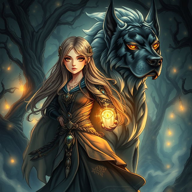 A captivating dark fantasy manga illustration featuring a teenage girl with enchanting features and long, flowing hair, dressed in intricate, mystical attire that radiates an adventurous vibe