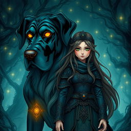An enchanting dark fantasy manga illustration featuring a teenage girl with captivating eyes and long, flowing hair, dressed in ornate, mystical clothing that highlights her adventurous spirit