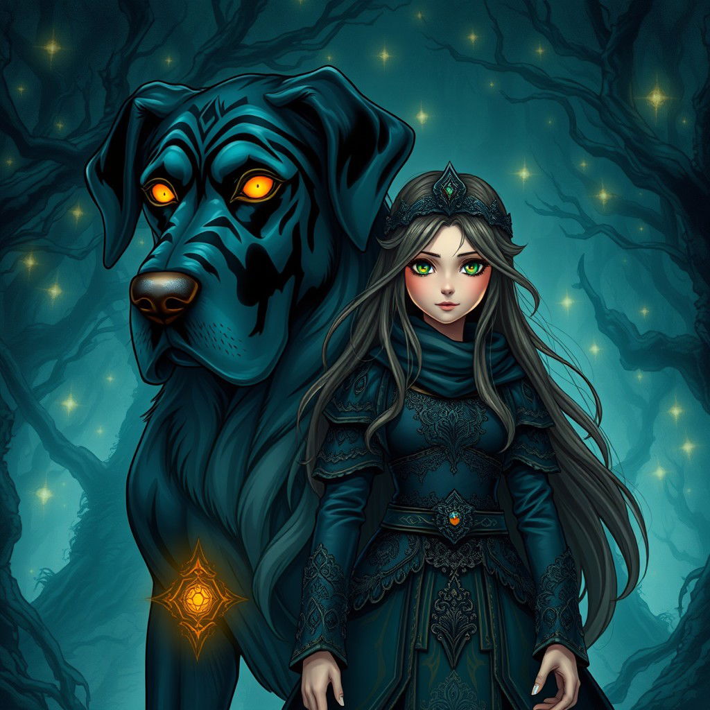 An enchanting dark fantasy manga illustration featuring a teenage girl with captivating eyes and long, flowing hair, dressed in ornate, mystical clothing that highlights her adventurous spirit