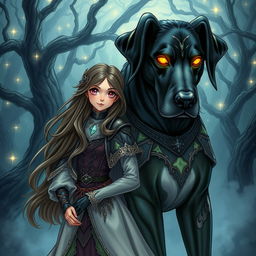 An enchanting dark fantasy manga illustration featuring a teenage girl with captivating eyes and long, flowing hair, dressed in ornate, mystical clothing that highlights her adventurous spirit