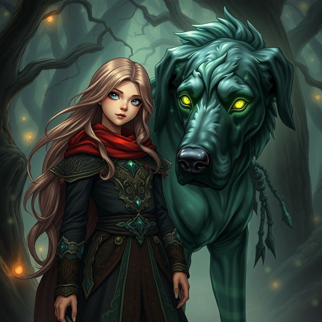 An enchanting dark fantasy manga illustration featuring a teenage girl with captivating eyes and long, flowing hair, dressed in ornate, mystical clothing that highlights her adventurous spirit