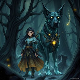 A stunning dark fantasy manhwa illustration featuring a young girl with striking features and long, flowing hair, dressed in intricately designed, mystical clothing that reflects her adventurous nature