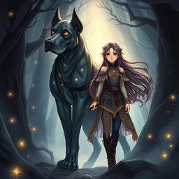 A stunning dark fantasy manhwa illustration featuring a young girl with striking features and long, flowing hair, dressed in intricately designed, mystical clothing that reflects her adventurous nature