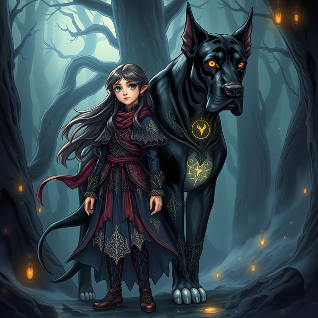 A stunning dark fantasy manhwa illustration featuring a young girl with striking features and long, flowing hair, dressed in intricately designed, mystical clothing that reflects her adventurous nature
