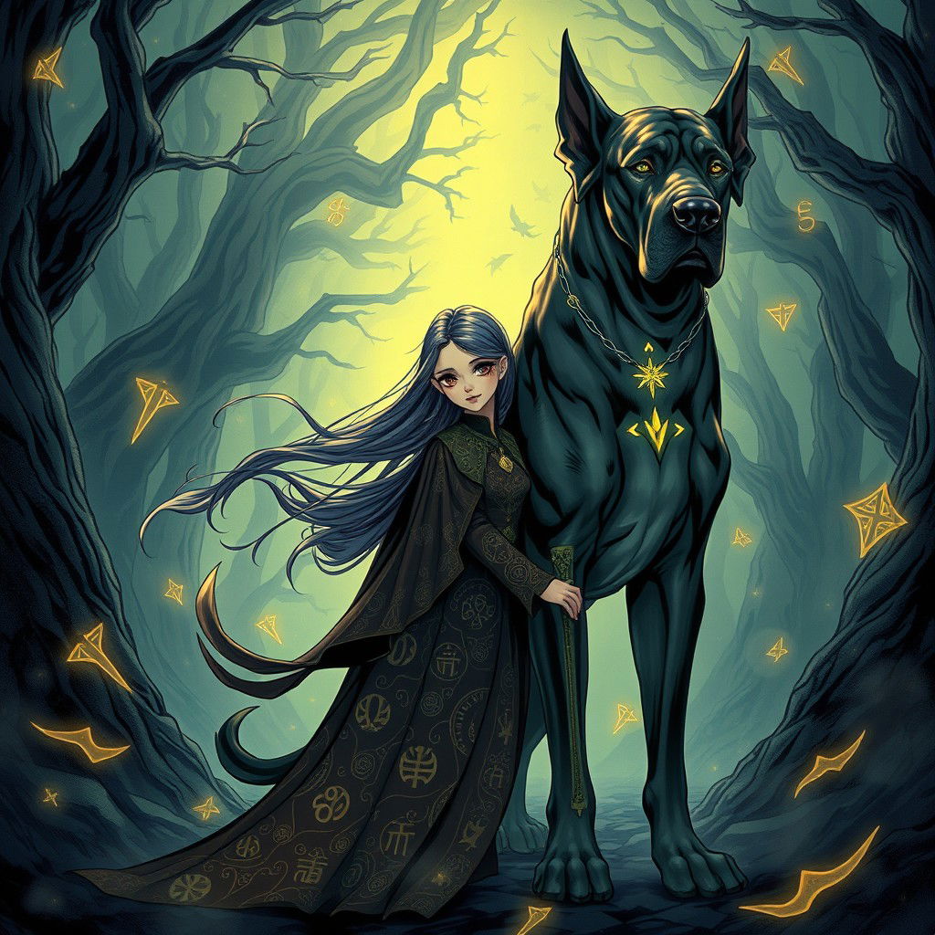 A mesmerizing dark fantasy manhwa illustration featuring a young girl with striking, expressive eyes and long, flowing hair that billows around her