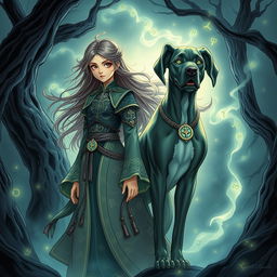 A mesmerizing dark fantasy manhwa illustration featuring a young girl with striking, expressive eyes and long, flowing hair that billows around her