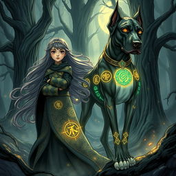 A mesmerizing dark fantasy manhwa illustration featuring a young girl with striking, expressive eyes and long, flowing hair that billows around her
