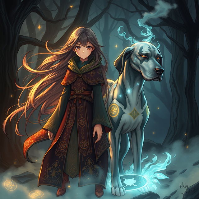 A mesmerizing dark fantasy manhwa illustration featuring a young girl with striking, expressive eyes and long, flowing hair that billows around her