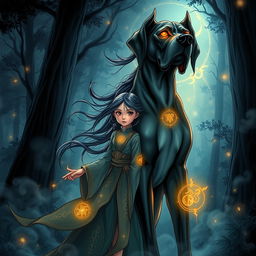 A captivating dark fantasy manhwa illustration featuring a young girl with striking, vivid eyes and long, flowing hair that dances with the night breeze
