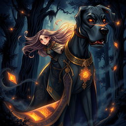A captivating dark fantasy manhwa illustration featuring a young girl with striking, vivid eyes and long, flowing hair that dances with the night breeze
