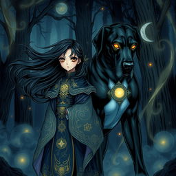A captivating dark fantasy manhwa illustration featuring a young girl with striking, vivid eyes and long, flowing hair that dances with the night breeze