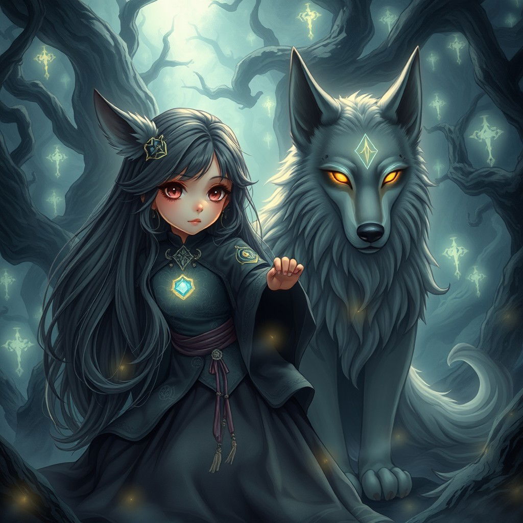 An enchanting dark fantasy manhwa illustration depicting a young girl with striking, wide eyes and long, flowing hair, dressed in beautifully detailed mystical attire adorned with celestial patterns and symbols