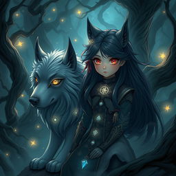 An enchanting dark fantasy manhwa illustration depicting a young girl with striking, wide eyes and long, flowing hair, dressed in beautifully detailed mystical attire adorned with celestial patterns and symbols