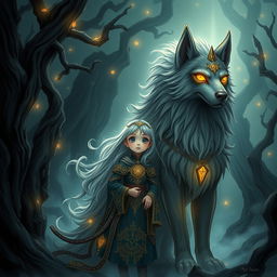 An enchanting dark fantasy manhwa illustration depicting a young girl with striking, wide eyes and long, flowing hair, dressed in beautifully detailed mystical attire adorned with celestial patterns and symbols