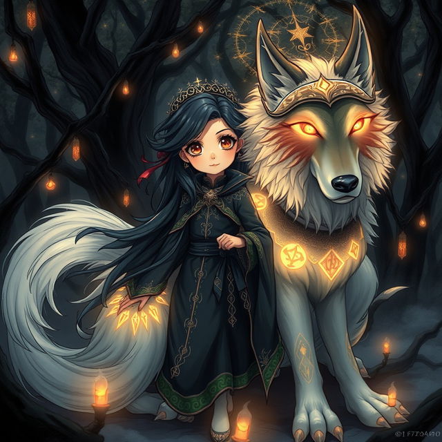 An enchanting dark fantasy manhwa illustration depicting a young girl with striking, wide eyes and long, flowing hair, dressed in beautifully detailed mystical attire adorned with celestial patterns and symbols