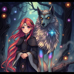 An enchanting dark fantasy manhwa illustration showcasing a young girl with striking features, vibrant hair flowing gracefully behind her