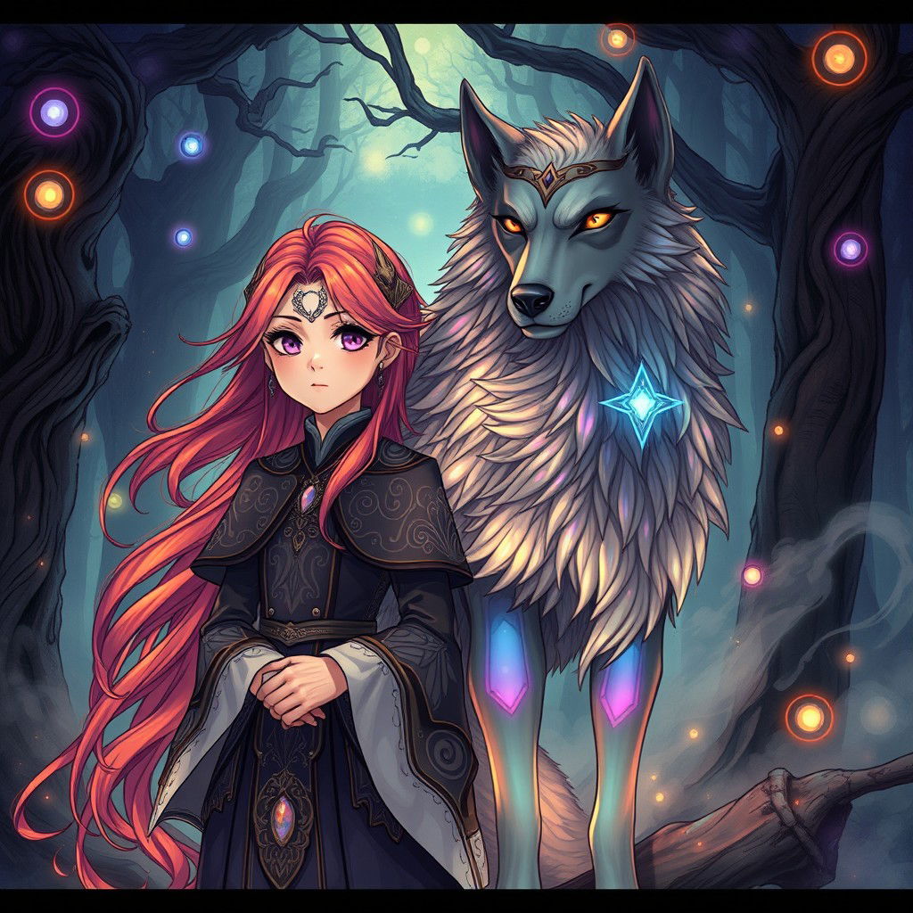 An enchanting dark fantasy manhwa illustration showcasing a young girl with striking features, vibrant hair flowing gracefully behind her