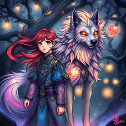 An enchanting dark fantasy manhwa illustration showcasing a young girl with striking features, vibrant hair flowing gracefully behind her