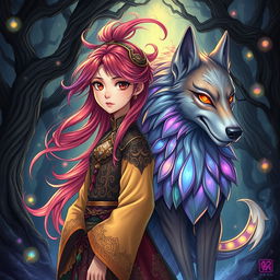 An enchanting dark fantasy manhwa illustration showcasing a young girl with striking features, vibrant hair flowing gracefully behind her