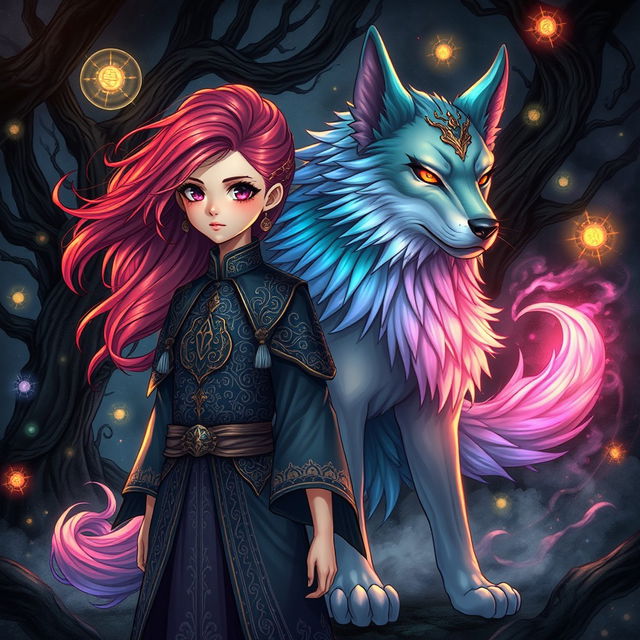 An enchanting dark fantasy manhwa illustration showcasing a young girl with striking features, vibrant hair flowing gracefully behind her