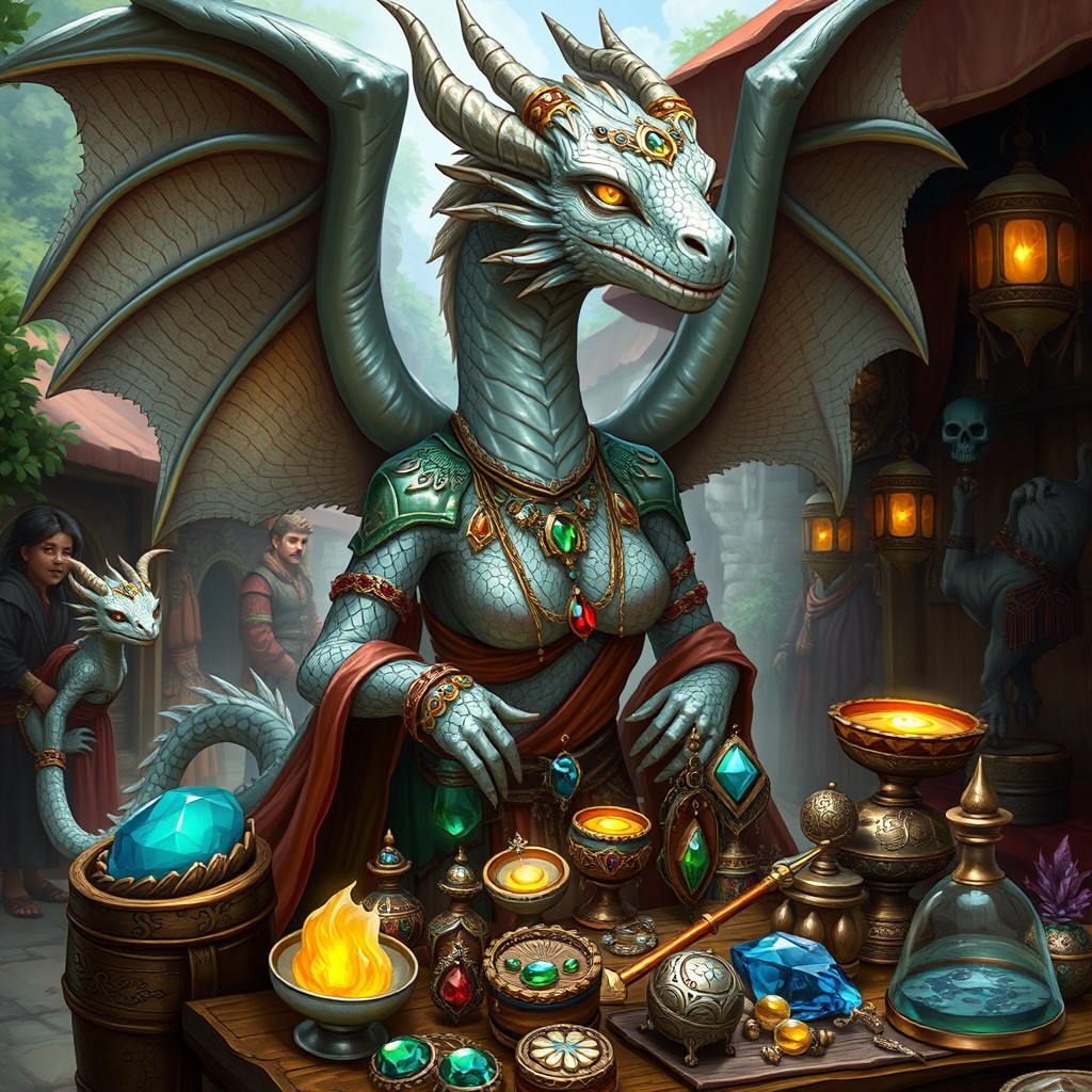 A female dragon merchant with shimmering silver scales, elegantly adorned with intricate jewelry and colorful fabrics