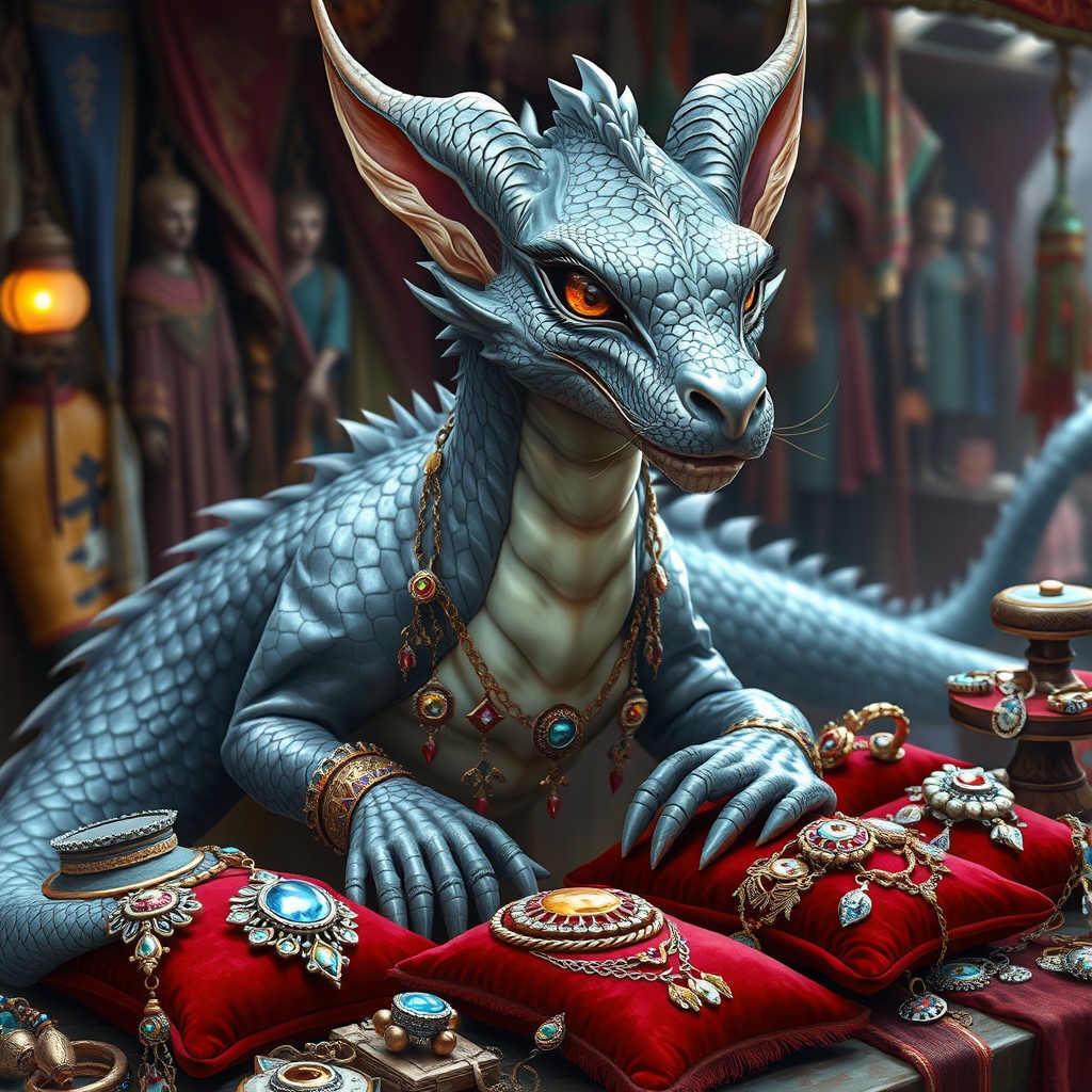 A silver-scaled dragon merchant with catlike features, including elegant, pointed ears and sleek, feline eyes