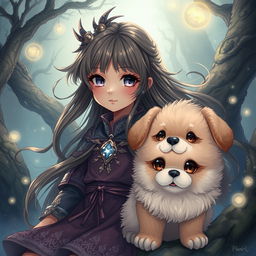 An enchanting dark fantasy manhwa illustration featuring a young girl with captivating, expressive eyes and flowing hair that glistens like starlight
