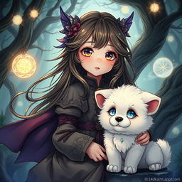 An enchanting dark fantasy manhwa illustration featuring a young girl with captivating, expressive eyes and flowing hair that glistens like starlight