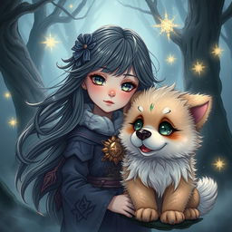 An enchanting dark fantasy manhwa illustration featuring a young girl with captivating, expressive eyes and flowing hair that glistens like starlight