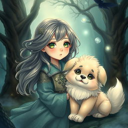 An enchanting dark fantasy manhwa illustration featuring a young girl with captivating, expressive eyes and flowing hair that glistens like starlight